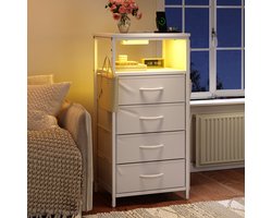 NMONET Ladekast - Wit Ladekasten - Nachtkastje - Zijkast - stopcontact met USB oplaadpoort - 20 dynamische LED lichtstripstanden - 4 zijvakken en 2 L-vormige haken - multifunctionele opbergruimte