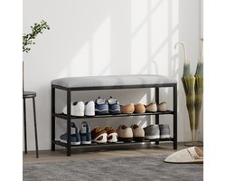 NMONET Schoenenbank zitje - Halbank - Schoenenkasten 81x31x50 cm - Uitgerust met verdikt zitkussen - Ruimte voor maximaal 8 paar schoenen - 2 open vakken - Metalen frame en verstelbare poten - minimalistische stijl - Zwart
