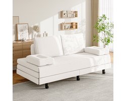 NMONET Slaapbanken - Luxe slaapban 201x97x85 cm - Verstelbare slaapbank - Gestoffeerde slaapbank - Logeerbed - Bank - Wielen metalen poten - Dikke rugleuning - Gestoffeerde armleuningen - Geschikt woonkamers, logeerkamers, balkons en studio's - Wit