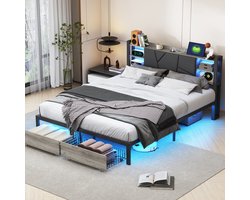 NMONET Tweepersoonsbedden 140x200 cm, donkergrijs Tweepersoonsbed - Verstelbare gekleurde LED-lichtstrip met oplaadfunctie, open opbergplank met houtnerfmotief, 2 ruime lades, met PU bekleed hoofdbord, Moderne