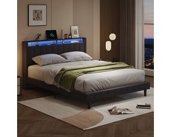 NMONET Tweepersoonsbedden 140x200 cm - Grijs Gestoffeerd bed - Verstelbaar linnen gestoffeerd hoofdeinde - Het beschikt over oplaadmogelijkheden en extra ledverlichting - Tweepersoonsbed