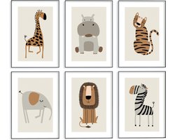 No Filter - Baby Safari Dieren posters - 6 stuks - 21x30 cm (A4) - Poster set – Babykamer/kinderkamer posters – wanddecoratie