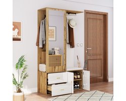 Nobele garderobe ingesteld in witte en houten kleuren met spiegel, schoenkast, schoenbank met haak en uittrekbare kledingbalk