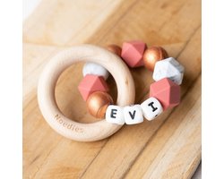 NOEDIES - Bijtring met naam - Roze Regenboog - CE gekeurd - BPA Vrij - 100% veilig - Gepersonaliseerd kraamkado - Bijtring Baby