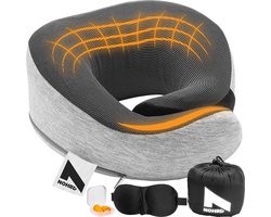 NOHRD Nekkussen Vliegtuig - Reiskussen - Grijs - Memory Foam - Incl. Oordopjes, Slaapmasker & Draagtas - Traagschuim - Neksteun
