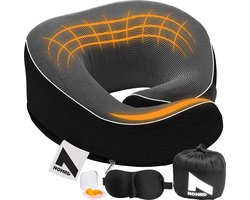 NOHRD Nekkussen Vliegtuig - Reiskussen - Zwart - Memory Foam - Incl. Oordopjes, Slaapmasker & Draagtas - Traagschuim - Neksteun