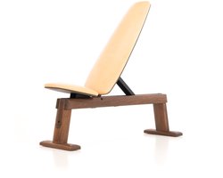 NOHRD WeightBench Halterbank Notenhout, Leer natuur – Verstelbare Fitnessbank van Massief Hout – Luxe Design – Stevig & Duurzaam – Geschikt voor Halteroefeningen