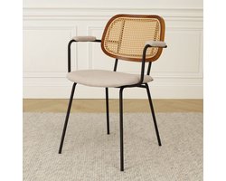 Nolon Jolie Eetkamerstoel Beige - met Rotan Rugleuning - Zwarte Metalen Poten - met Armleuning - Eettafelstoel - Retro - Schoolstoel