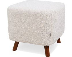 Nolon Julia Poef Bouclé Beige - Vierkant - Op Houten Pootjes - Voetenbank - 44 x 44 x 39 cm