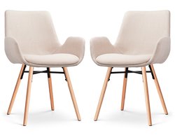 Nolon Nena-Eef Eetkamerstoelen Set van 2 Beige - Armleuningen - Stof - Houten Poten - Lage Armleuning - Design - Scandinavisch