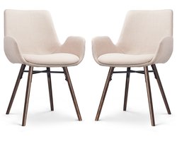 Nolon Nena-Eef Eetkamerstoelen Set van 2 Beige - Armleuningen - Stof - Houten Poten - Walnoot - Lage Armleuning - Design - Scandinavisch
