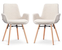 Nolon Nena-Eef Eetkamerstoelen Set van 2 Bouclé Beige - Armleuningen - Stof - Houten Poten - Lage Armleuning - Design - Scandinavisch