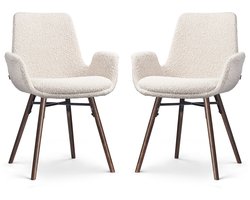 Nolon Nena-Eef Eetkamerstoelen Set van 2 Bouclé Beige - Armleuningen - Stof - Houten Poten - Walnoot - Lage Armleuning - Design - Scandinavisch