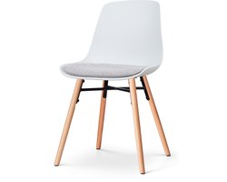 Nolon Nena-Liv Eetkamerstoel Wit - met Lichtgrijs Zitkussen - Kunststof Zitting - Houten Poten