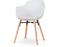 Nolon Nena-Liz Eetkamerstoel Wit met Beige Zitkussen - Armleuning - Kunststof Zitting - Houten Poten - Kuipstoel