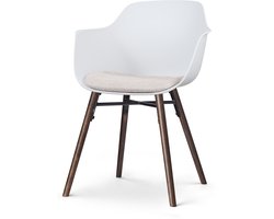 Nolon Nena-Liz Eetkamerstoel Wit met Beige Zitkussen - Armleuning - Kunststof Zitting - Walnoot Poten - Kuipstoel