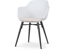 Nolon Nena-Liz Eetkamerstoel Wit met Beige Zitkussen - Armleuning - Kunststof Zitting - Zwarte Houten Poten - Kuipstoel