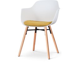 Nolon Nena-Liz Eetkamerstoel Wit met Okergeel Zitkussen - Armleuning - Kunststof Zitting - Houten Poten - Kuipstoel