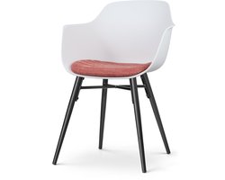 Nolon Nena-Liz Eetkamerstoel Wit met Terracotta Rood Zitkussen - Armleuning - Kunststof Zitting - Zwarte Houten Poten - Kuipstoel