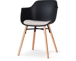 Nolon Nena-Liz Eetkamerstoel Zwart met Beige Zitkussen - Armleuning - Kunststof Zitting - Houten Poten - Kuipstoel