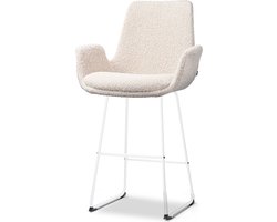 Nolon Nino-Eef Barkruk Bouclé Beige - met Armleuning - Wit Onderstel - 65 cm - Voor Kookeiland - Barkruk met Rugleuning - Lage Armleuning