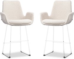 Nolon Nino-Eef Barkrukken Set van 2 Bouclé Beige - met Armleuning - Wit Onderstel - 65 cm - Voor Kookeiland - Barkruk met Rugleuning - Lage Armleuning - Scandinavisch