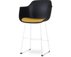 Nolon Nino-Liz Barkruk Zwart met Okergeel Zitkussen - Armleuning - Kunststof - Wit Onderstel - 75 cm - Barstoel met Rugleuning