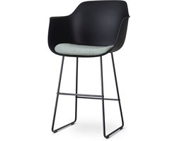 Nolon Nino-Liz Barkruk Zwart met Zacht Groen Zitkussen - Armleuning - Kunststof - Zwart Onderstel - 75 cm - Barstoel met Rugleuning