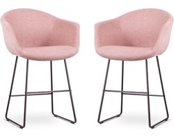 Nolon Nino-Otis Barkrukken Set van 2 Zacht Roze - met Armleuning - Zwart Onderstel - 65 cm - Stof - Kookeiland - Barkrukken met Rugleuning