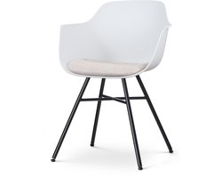 Nolon Noa-Liz Eetkamerstoel Wit met Beige Zitkussen - met Armleuning - Kunststof Zitting - Zwarte Poten - Kuipstoel