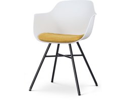 Nolon Noa-Liz Eetkamerstoel Wit met Okergeel Zitkussen - met Armleuning - Kunststof Zitting - Zwarte Poten - Kuipstoel