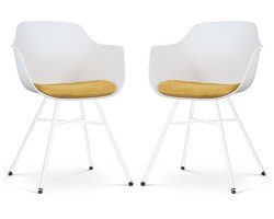 Nolon Noa-Liz Eetkamerstoelen Set van 2 Wit met Okergeel Zitkussen - met Armleuning - Kunststof Zitting - Witte Poten