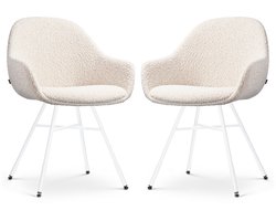 Nolon Noa-Mae Eetkamerstoelen Set van 2 Bouclé Beige - met Armleuning - Stof - Wit Metalen Poten - Design - Scandinavisch - Comfortabel