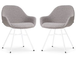 Nolon Noa-Mae Eetkamerstoelen Set van 2 Bouclé Taupe - met Armleuning - Stof - Wit Metalen Poten - Design - Scandinavisch - Comfortabel