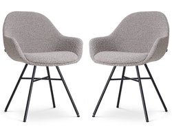 Nolon Noa-Mae Eetkamerstoelen Set van 2 Bouclé Taupe - met Armleuning - Stof - Zwart Metalen Poten - Design - Scandinavisch - Comfortabel