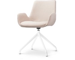 Nolon Nola-Eef Draaibare Eetkamerstoel Beige - met Armleuning - Stof - Wit Onderstel - Lage Armleuning - Design - Scandinavisch - Comfortabel