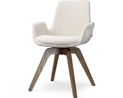 Nolon Noor-Eef draaibare Eetkamerstoel bouclé beige - walnoot houten onderstel - japandi - armstoel - comfortabele zitting