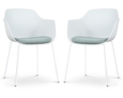 Nolon Nora-Liz Eetkamerstoelen Set van 2 Wit met Zacht Groen Zitkussen - met Armleuning - Kunststof - Witte Poten