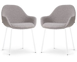 Nolon Nora-Mae Eetkamerstoelen Set van 2 Bouclé Taupe - met Armleuning - Stof - Wit Onderstel - Design - Scandinavisch - Comfortabel