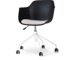 Nolon Nout-Liz Bureaustoel Zwart met Beige Zitkussen - met Armleuning - Kunststof - Vast Zitkussen - Verstelbaar - Wieltjes - Wit Onderstel