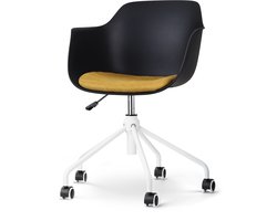 Nolon Nout-Liz Bureaustoel Zwart met Okergeel Zitkussen - met Armleuning - Kunststof - Vast Zitkussen - Verstelbaar - Wieltjes - Wit Onderstel