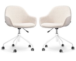 Nolon Nout-Mae Bureaustoelen Set van 2 Bouclé Beige - Stof - Verstelbaar - Wieltjes - Wit Onderstel - Design - Comfortabel