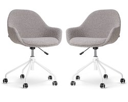 Nolon Nout-Mae Bureaustoelen Set van 2 Bouclé Taupe - Stof - Verstelbaar - Wieltjes - Wit Onderstel - Design - Comfortabel
