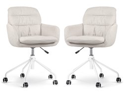 Nolon Nout-Mia Bureaustoelen Set van 2 Beige - met Armleuning - Stof - Verstelbaar - Wieltjes - Wit Onderstel