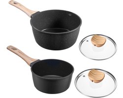 Nonstick sauspan Set, 1.42 L & 2.37 L Met Glazen Dekken, Veelzijdige Kookpannen Met Verwijderbare Handvatten, Gecoate Sauspannen voor Keukengebruik, Geschikt voor Inductie kookplaten, Zwart
