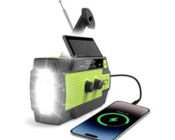 Noodradio Solar Opwindbaar en Batterij - Noodpakket - Draagbare Survival Radio - 4000 mAh - Powerbank Zonneenergie - Bouwradio - Zaklamp – Groen