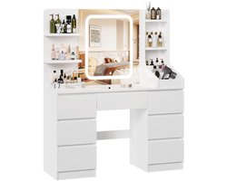 Noordvale Kaptafel - Met Spiegel en LED Verlichting - Make-Up Tafel met Spiegel - Modern - Hout - Wit - 110 x 40 x 140cm