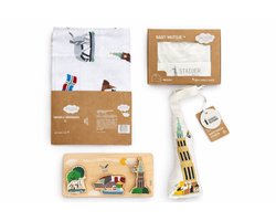 NOOX City Kids – Kraamcadeau Set Groningen – Swaddle XL + Baby Mutsje + Houten Puzzel + Knuffel – 100% katoen – Fairly made – 0+ maanden