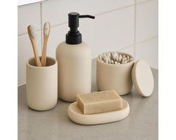 Nord Keramische Badkamer Accessoires Set 4 Stuks | Moderne Scandinavische Neutrale Zeepbakje & Dispenser Tandenborstel Houder Beker | Minimalistische Aanrecht Accessoire Set (Beige)