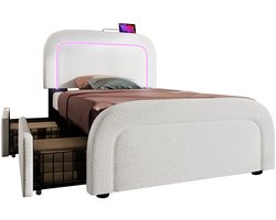 NordHaus Gestoffeerd Bed met Opbergruimte - Opbergbed met USB & LED Verlichting - Sherpa Teddy Bekleding - 2 Lades